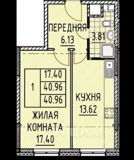 Однокомнатная квартира 40.1 м²
