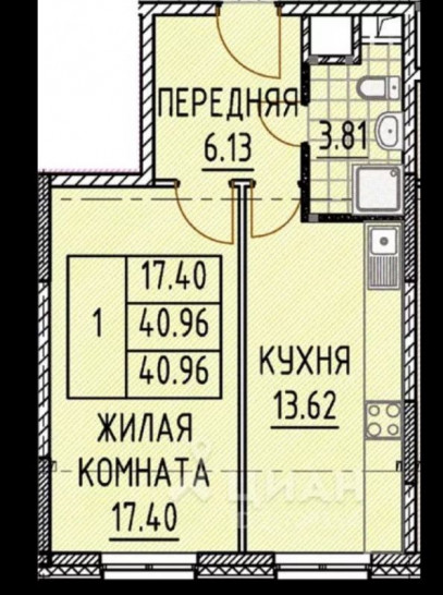 Однокомнатная квартира 40.1 м²