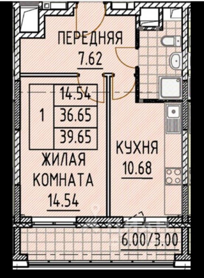 Однокомнатная квартира 39.6 м²