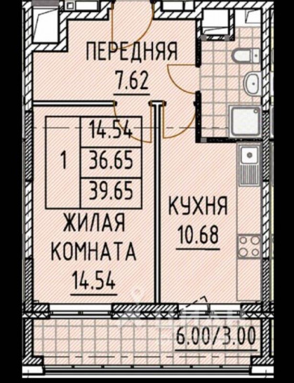 Однокомнатная квартира 39.6 м²
