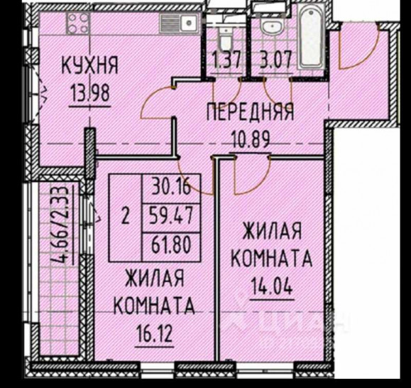 Двухкомнатная квартира 62.9 м²
