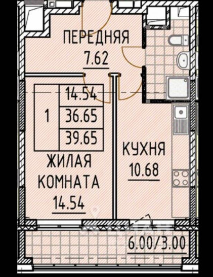 Однокомнатная квартира 39.6 м²