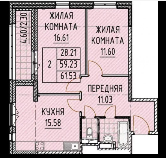 Двухкомнатная квартира 61.5 м²